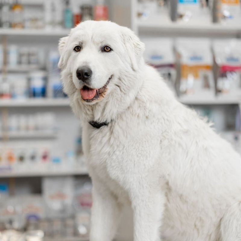 A dog sitting on a table in the pharmacy